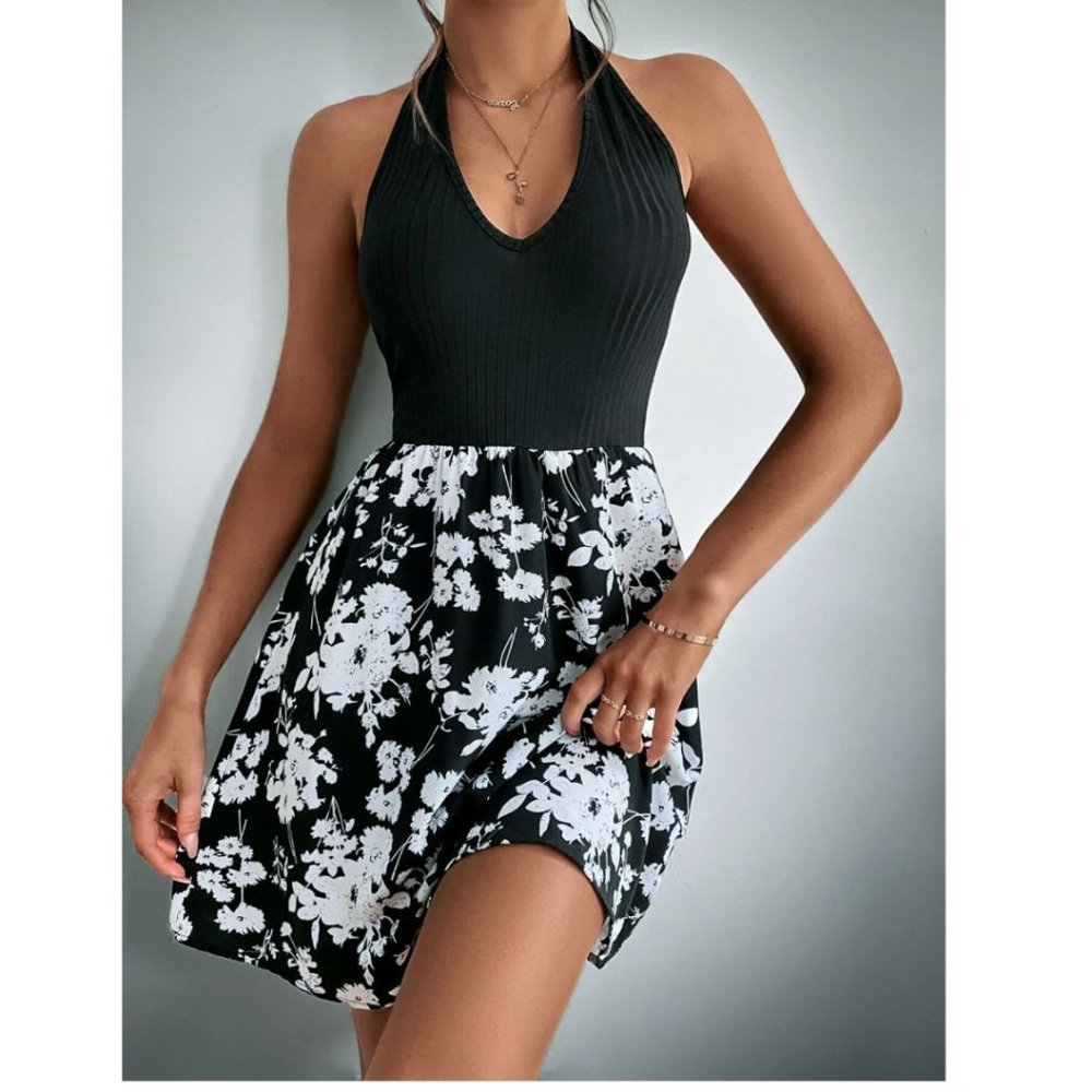 Floral Print Backless Halter Dress